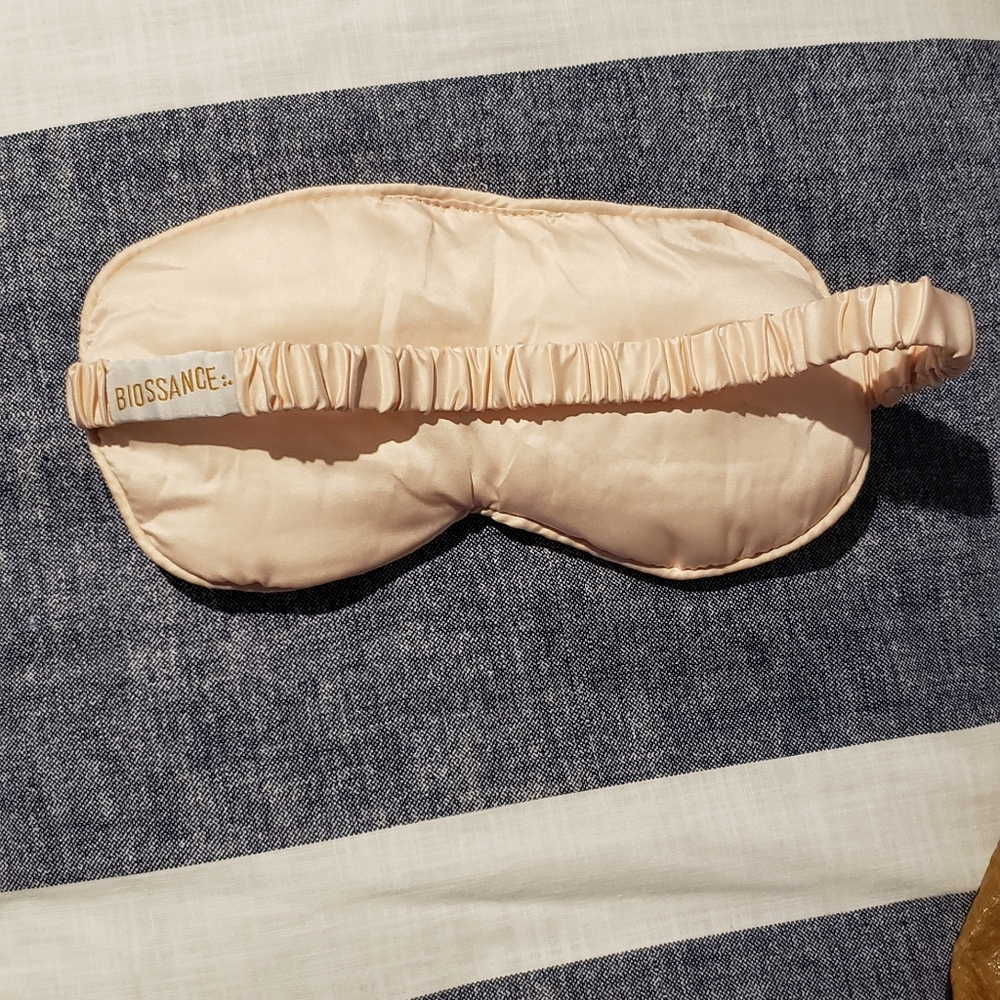 Biossance Sleep Eye Mask and two Blue Silk Scrunchies